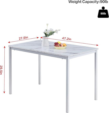 47 Inches White Faux Marble Dining Table for 2-4 People, Modern Rectangular Kitchen Table for Dinner Table for Dinner（MDF Top with Metal Legs and Frame