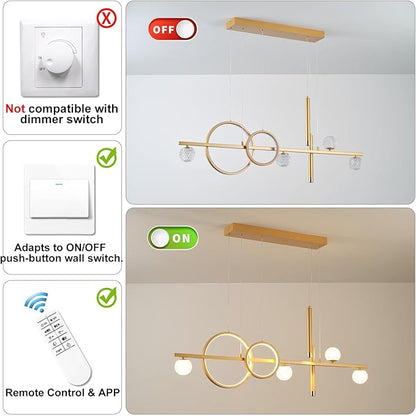ORANOOR LED Gold Chandeliers for Dining Room, 47in Dimmable Modern Chandelier Gold Pendant Lights for Kitchen Island, Linear Ring Globe Pendant Light Fixtures Dining Room Lights Ceiling Hanging