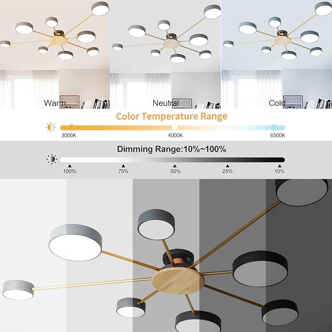 8-Lights LED Ceiling Light Fixture,48 Inch Modern Ceiling Lights Flush Mount Wooden 64W Dimmable Chandelier for Living Room Bedroom Kitchen,3000K/4000K/6000K Grey