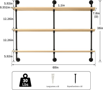 3-Tier Industrial Pipe Floating Shelf – Rustic 60 inch Wood Wall-Mounted Storage Shelf for Kitchen Office,Bathroom & Home Decor -White Oak