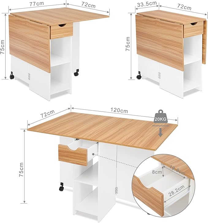 Mondeer Folding Dining Table, Drop Leaf Kitchen Table with 1 Drawer and 2 Open Storage Shelves Small Space Dining Room Kitchen Modern (White & Red Oak)