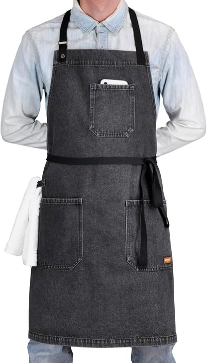 Denim Apron with Pockets, Professional for Mens Womens Chef Kitchen Cooking Grill BBQ Painting Baking, Black Bib with Towel Loop & Adjustable Neck Strap (Black Denim -2)