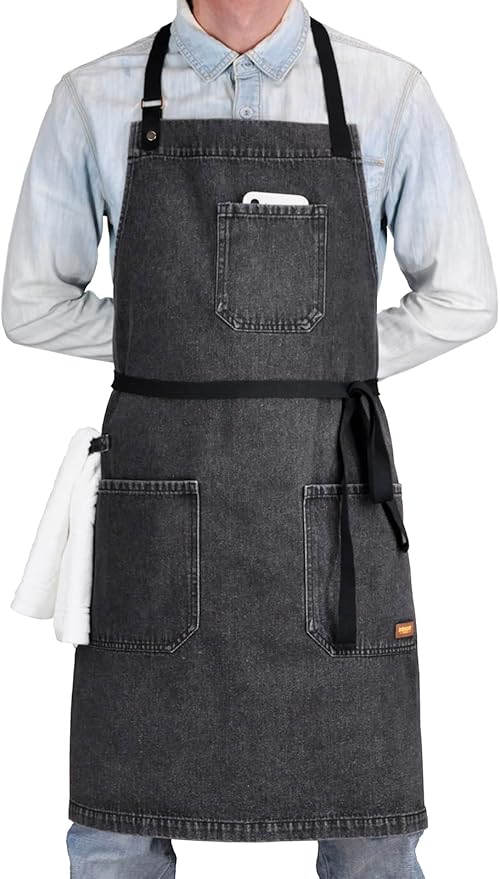 Denim Apron with Pockets, Professional for Mens Womens Chef Kitchen Cooking Grill BBQ Painting Baking, Black Bib with Towel Loop & Adjustable Neck Strap (Black Denim -2)