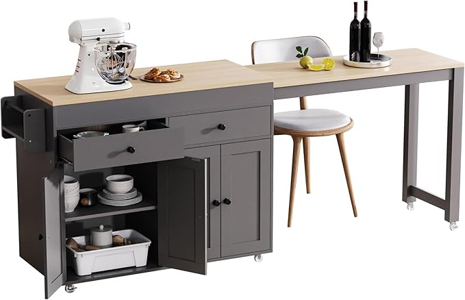74.5 Inch Kitchen Island with Extendable Dining Table, Rolling on Wheels, Spice Rack, 2 Drawers, 4 Door Cabinet(Gray)