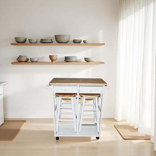 Drop Leaf Breakfast Cart White Solid Wood Kitchen Island Rolling Table with Two Stools Storage Shelves Expandable Compact Dining Prep Station Space Saving Versatile Furniture Locking Wheels