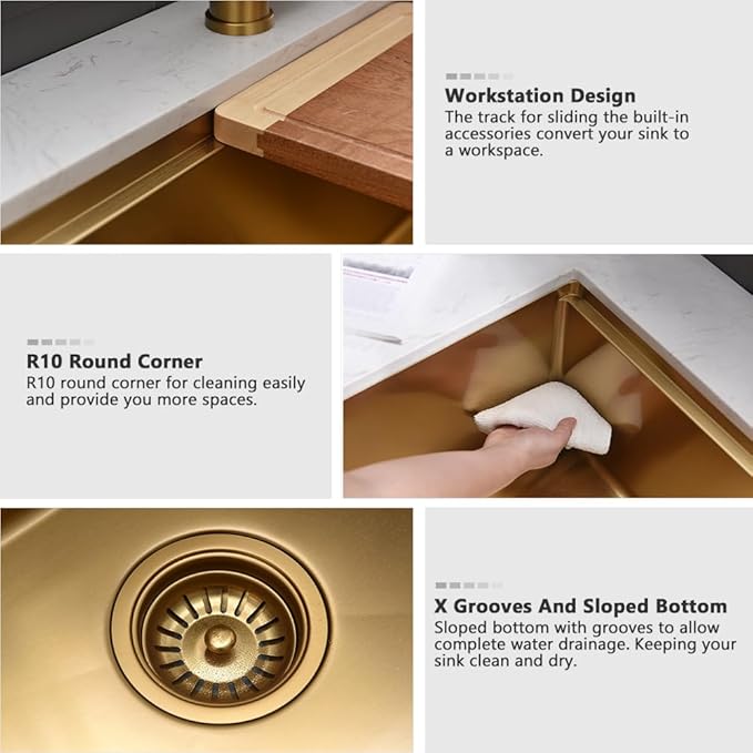 Gold Kitchen Sink Undermount-VASOYO 30x19 Undermount Kitchen Sink Workstation 16 Gauge Stainless Steel Gold Sinks Deep Single Bowl Under Mount Sinks with Cutting Board