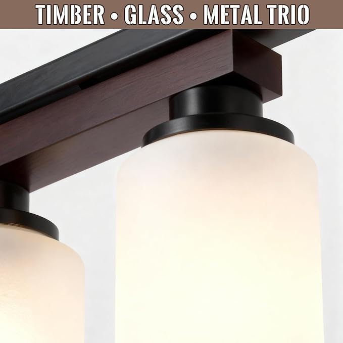 4-Light Kitchen Island Lighting & Farmhouse Dining Room Light Fixtures Over Table, Rustic Wood Linear Chandelier Adjustable Ceiling Hanging Pendant - Rotating Design, Customizable Shapes, Milk Glass