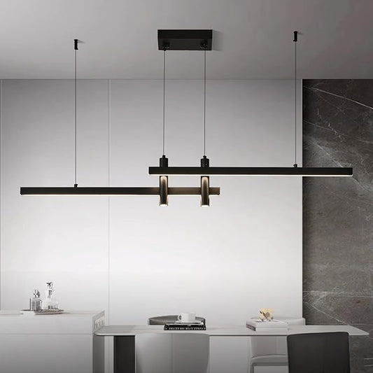 Modern Black Linear Pendant Lights Kitchen Island Lighting Minimalist Led Chandeliers Pool Table Light Dimmable Ceiling Hanging Light Fixture Dining Room with Remote Control (47in)
