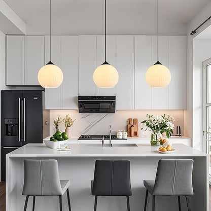 KCO Lighting Vintage Ribbed Glass Pendant Light Black Globe Pendant Lights Kitchen Island Mid Century Modern Pendant Light Milk Glass Hanging Light Fixture (2 Pack)