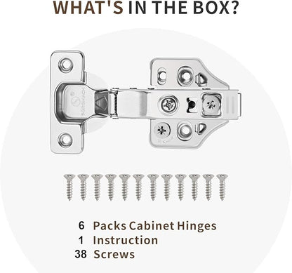 6 Pack Full Overlay Soft Close Cabinet Hinges Kitchen Cabinet Door Hinges with Screws 105° Frameless 3 Way Adjustable Soft Close Hinges for Cabinet Doors Bright Nickel