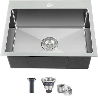 MENATT 23-inch Single Hole Single Bowl Kitchen Sink Drop in, 18 Gauge 304 Stainless Steel Handmade Topmount/Drop In Kitchen Sinks with 9" Deep Bowl Sink, Brushed
