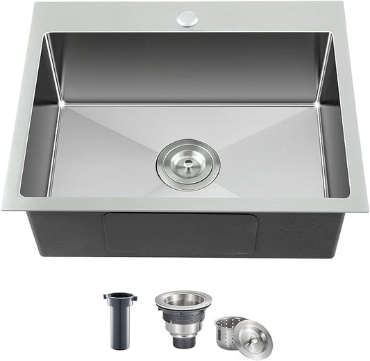 MENATT 23-inch Single Hole Single Bowl Kitchen Sink Drop in, 18 Gauge 304 Stainless Steel Handmade Topmount/Drop In Kitchen Sinks with 9" Deep Bowl Sink, Brushed