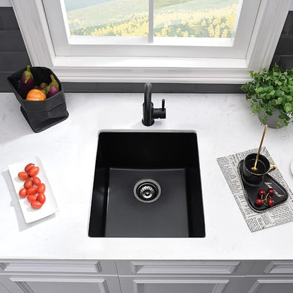15 Inch Black Bar Sink Undermount-VASOYO 15x17 Small Kitchen Sink Black Quartz Undermount Outdoor Rv Sinks Deep Single Bowl Wet Bar Sinks Small Bowl with Bottom Grid