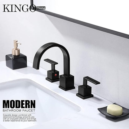 KINGO HOME Matte Black Bathroom Faucet, Black Faucet Bathroom 3 Hole 8inch Widespread Waterfall 2 Handle Black Faucets Bathroom Sink Vanity Faucet with Pop Up Drain and Supply Lines