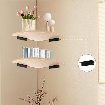 JJL Corner Wall Shelf, 12-Inch Sector Shelf, Set of 2 Wooden Hanging Shelves With Wire Hole for Bedroom Decoration, Light White
