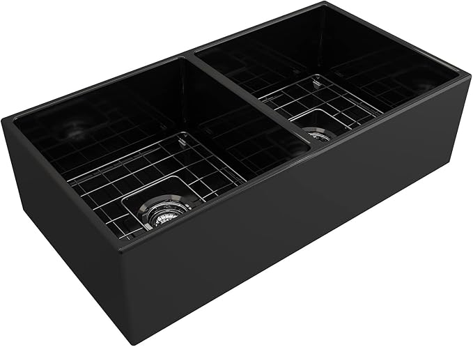 BOCCHI Contempo Farmhouse Apron Front Fireclay 36 in. Double Bowl Kitchen Sink with Protective Bottom Grid and Strainer in Black
