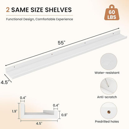 Dreamland Picture Ledge Shelf for Wall, Floating Shelves Set of 2,55 inch Long Floating Shelves with Lip for Living Room,Bedroom,Bathroom,Kitchen,White
