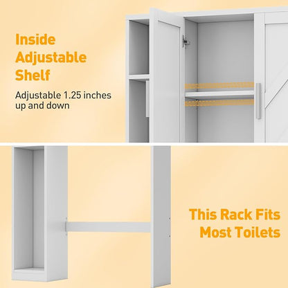 Over The Toilet Storage Cabinet with 7 Storage Shelves, Above Toilet Bathroom Organizer with Toilet Paper Holder Stand, Behind Toilet Cabinet, Space Saver for Restroom, Bathroom, Laundry, White