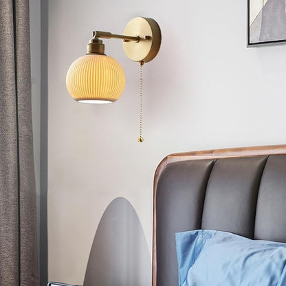 Vintage Wall Light Fixtures Ceramic Wall Lamp with White Globe Shade Gold Brass Wall Sconces Pull Chain Switch Wall Light for Bedroom Living Room Study Aisle