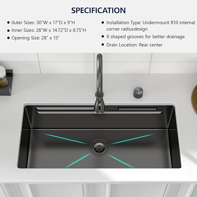 Logmey 30" Undermount Waterfall Sink with Pull-out Faucet & Temperature Control Knob,Nano PVD Gunmetal Black 30x17 Double Step Workstation Kitchen Sink,16 Gauge All in One Single Bowl Sinks