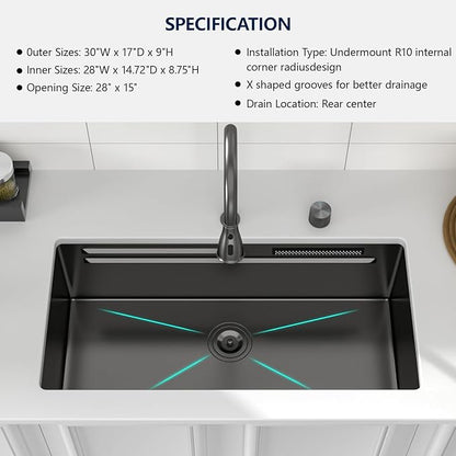 Logmey 30" Undermount Waterfall Sink with Pull-out Faucet & Temperature Control Knob,Nano PVD Gunmetal Black 30x17 Double Step Workstation Kitchen Sink,16 Gauge All in One Single Bowl Sinks