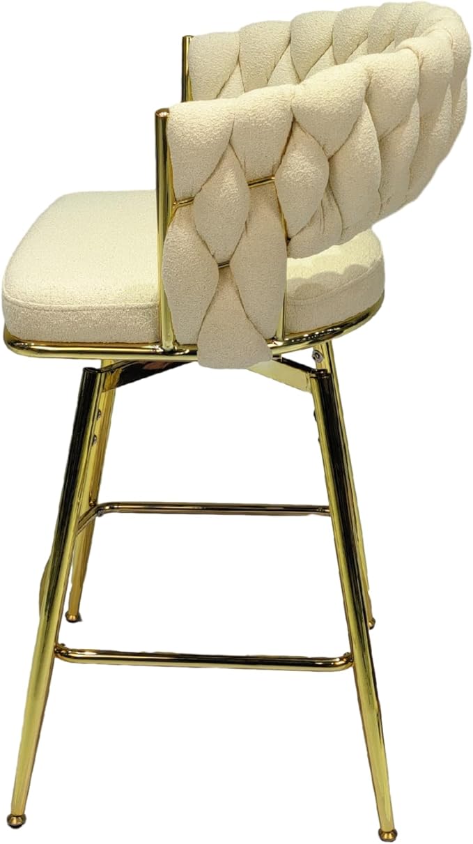 26" Bar Chair Toweling Woven Bar Stool Set of 2,Golden Legs Bar stools No Adjustable Kitchen Island Chairs,360 Swivel Bar Stools Upholstered Counter Stool Arm Chairs with Back Footrest (White)