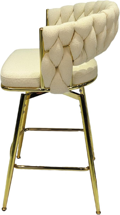 26" Bar Chair Toweling Woven Bar Stool Set of 2,Golden Legs Bar stools No Adjustable Kitchen Island Chairs,360 Swivel Bar Stools Upholstered Counter Stool Arm Chairs with Back Footrest (White)