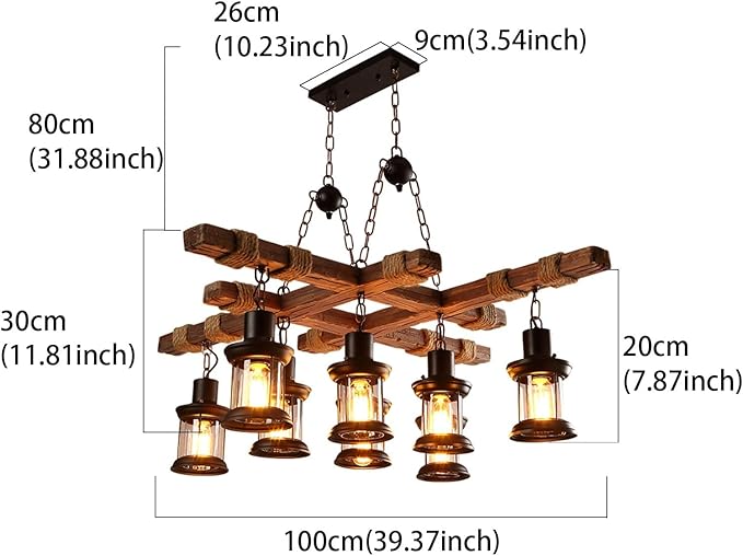 Wooden Chandelier 8 Lights Industrial Chandelier Retro Wood Lamp Pendant Lights Farmhouse Ceiling Lighting Lamp Fixture Dining Room Light Fixture Glass Lampshade for Homes, Bars, Restaurants, Cafes