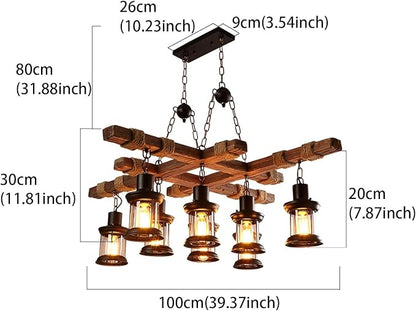 Wooden Chandelier 8 Lights Industrial Chandelier Retro Wood Lamp Pendant Lights Farmhouse Ceiling Lighting Lamp Fixture Dining Room Light Fixture Glass Lampshade for Homes, Bars, Restaurants, Cafes