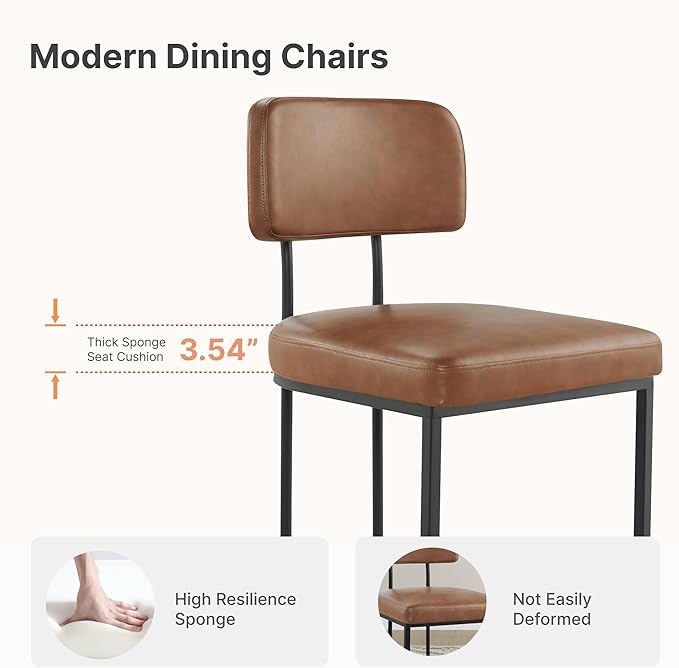KISLOT Dining Chairs Set of 6, Upholstered Modern Kitchen Chairs with Ergonomic Backrest, Faux Leather Cushion Seat & Metal Legs for Living Room, Restaurant, and Café, Brown, 2 Boxs