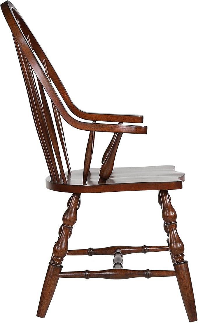 Sunset Trading Andrews Windsor Spindleback Dining Chair with Arms | Fully Assembled Kitchen Armchair| Modern Farmhouse Minimalist Country Cottage | Distressed Chestnut Brown Solid Wood