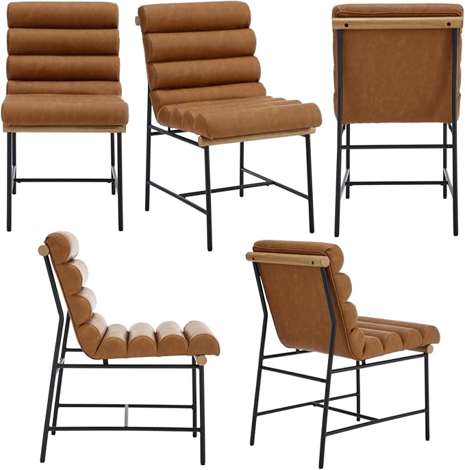 Modern Upholstered Dining Chairs Set of 2, Brown PU Leather Dining Room Chairs with Tufted Back & Cushion, Comfy Armless Kitchen Chairs with Black Metal Legs for Dinner Living Room