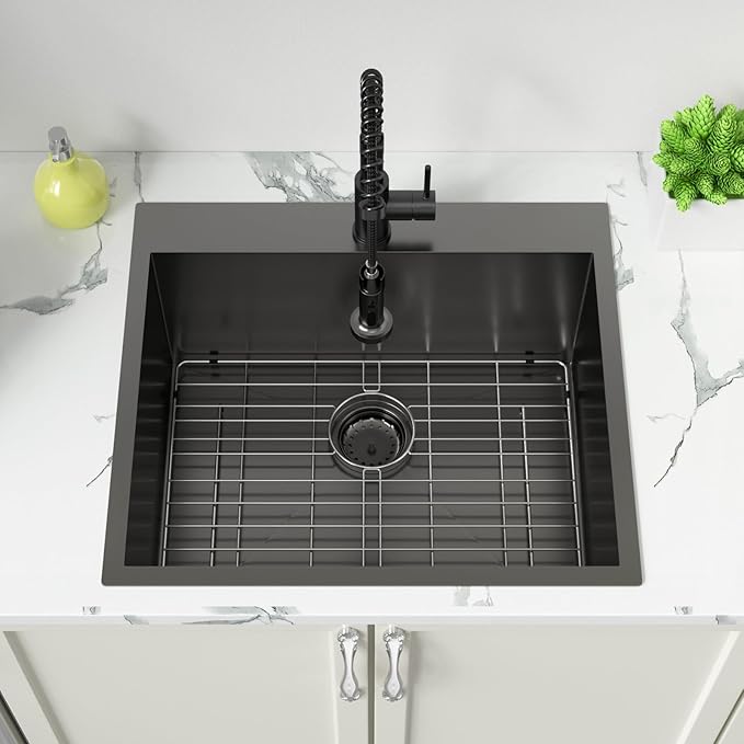 Sarlai Laundry Sink with Faucet Drop In 25"x22"x12" Deep Black Laundry Utility Kitchen Sink Drop-in Topmount Single Bowl Sink 16 Gauge Stainless Steel Gunmetal Black Kitchen Laundry Room Sinks