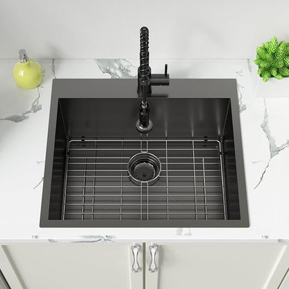 Sarlai Laundry Sink with Faucet Drop In 25"x22"x12" Deep Black Laundry Utility Kitchen Sink Drop-in Topmount Single Bowl Sink 16 Gauge Stainless Steel Gunmetal Black Kitchen Laundry Room Sinks