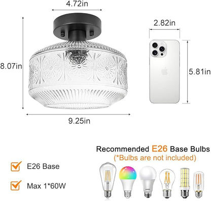 DSMJFU Semi Flush Mount Ceiling Light, Vintage Small Ceiling Light Fixture, Thickened Glass Hallway Lighting Fixture, Black Kitchen Ceiling Mount Light for Entry Way, Bedroom, Bathroom, Porch