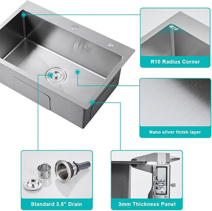 25x18 inch Drop-in Kitchen Sink Single Bowl with 2 Holes, 18 Gauge Stainless Steel Handmade Residential Topmount Kitchen Sink 9 inch Deep Basin Bowl (Brushed Nickel)