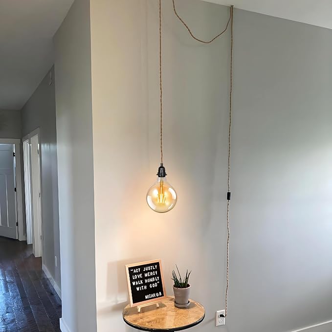 Vintage Plug in Pendant Light with Hemp Rope Cord 16.4 ft, 1-Light Hanging Light Cord Kit with On/Off Switch Farmhouse Black E26 Lamp Socket