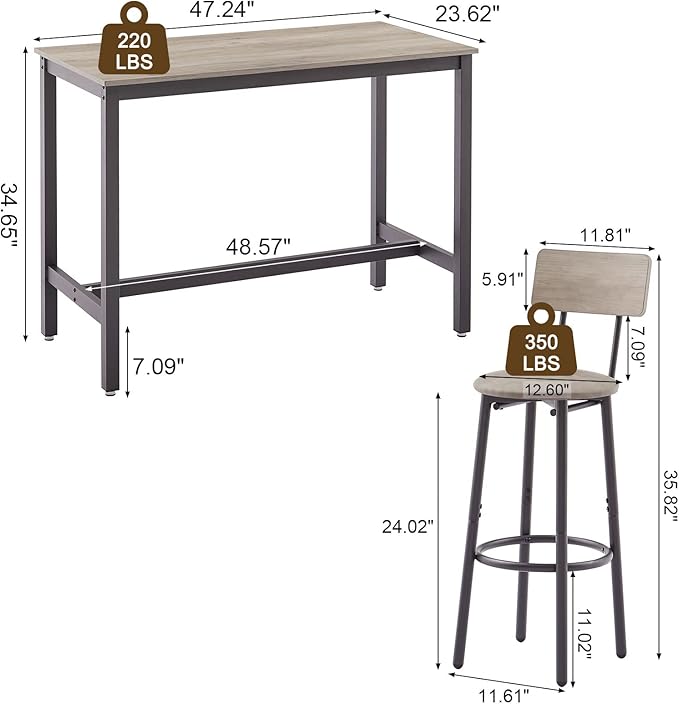 GNIXUU Bar Table and Chairs Set for 4, 5 Pieces Industrial Counter Height Pub Table and 4 PU Soft Stools with Backrest, High Kitchen Breakfast Table Set for Restaurant, Dining Room(Grey)