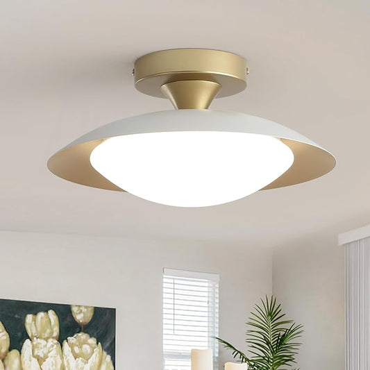 Dimmable Mid Century Modern Ceiling Light Fixtures Flush Mount, White and Gold LED Small Ceiling Light,11.8in 5CCT Kitchen Lighting Fxiture with Acrylic Shade for Hallway Bedroom Entryway Laundry Room