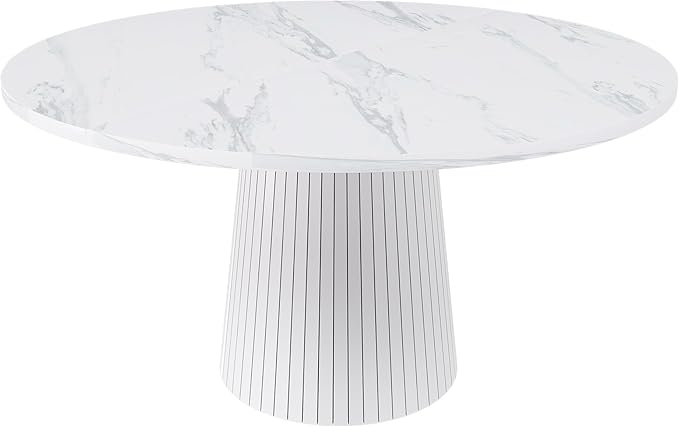 47" Round Marble Veneer Dining Table, Kitchen Table with Wood Strip Base, Dinner Tables with Stable Support for Kitchen & Living Room, White