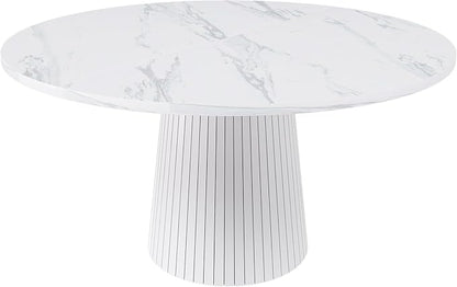 47" Marble Veneer Dining Table, Kitchen Table with Wood Strip Base, Dinner Tables with Stable Structure for Kitchen & Living Room, White