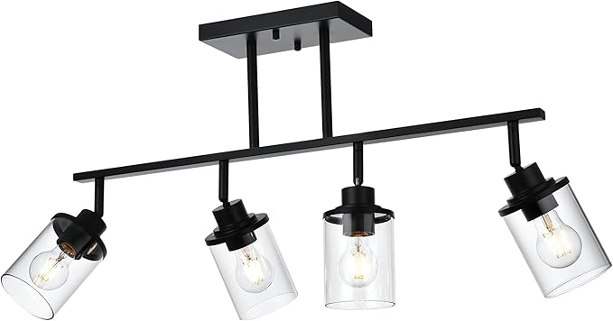 4 Lights Ceiling Light Fixtures with Flexibly Rotatable Light Head Black Bathroom Lights Modern Complete Track Lighting Kits with Clear Glass Shade, E26 Base