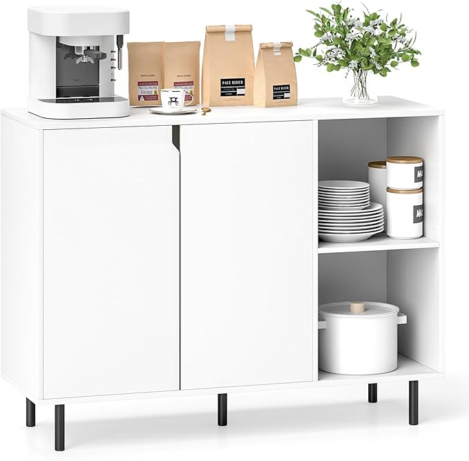 LOKO Kitchen Buffet Cabinet with Storage, Modern Storage Island with Adjustable Shelves, 2 Doors, Sturdy Metal Legs, Coffee Bar Cabinet, Perfect for Living Room, White
