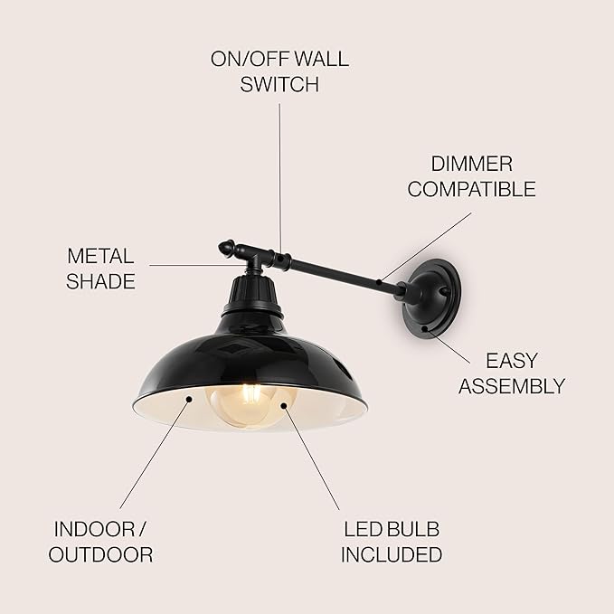 JONATHAN Y 12.25" Black 1-Light Industrial Farmhouse Outdoor Sconce, Iron Wall Light with LED Bulb, Metal Bowl Shade, Vintage Porch Lamp for Entryway Patio Kitchen (JYL7615B)
