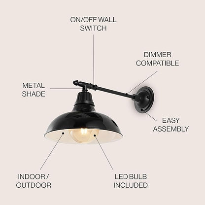 JONATHAN Y 12.25" Black 1-Light Industrial Farmhouse Outdoor Sconce, Iron Wall Light with LED Bulb, Metal Bowl Shade, Vintage Porch Lamp for Entryway Patio Kitchen (JYL7615B)