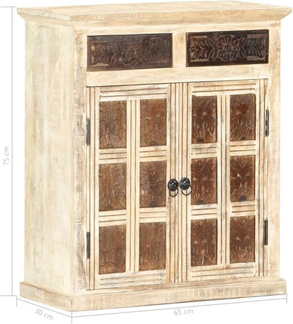 White Sideboard, Solid Mango Wood, Hand Carved Brown Patterns, 2 Doors, 2 Drawers, 29.5 in Tall Buffet Cabinet for Dining Room, Entryway Kitchen Furniture