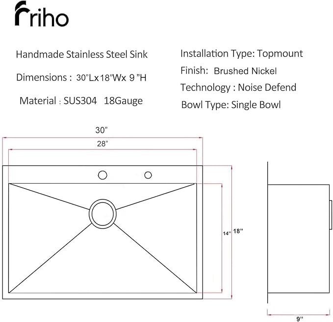 Friho 30 Inch Drop in Kitchen Sink, 30x18 Top Mount Commercial Handmade 18 Gauge Single Bowl Stainless Steel Sink With Dish Grid and Basket Strainer