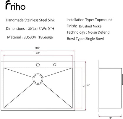 Friho 30 Inch Drop in Kitchen Sink, 30x18 Top Mount Commercial Handmade 18 Gauge Single Bowl Stainless Steel Sink With Dish Grid and Basket Strainer