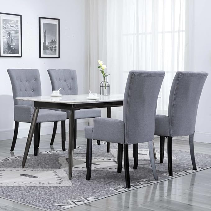Modern Farmhouse Dining Chairs with Armrests Set of 4 Light Gray Fabric Upholstered Seats Oak Wood Frame Kitchen Dining Room Furniture