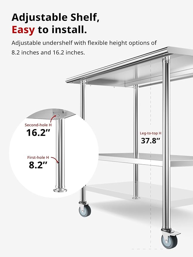 Atelicf All-Stainless Steel Prep Table, 24 X 48 Inches, with Rounded-Corner Backsplash, Wheels and Adjustable Undershelf, Heavy-Duty for BBQ,Restaurants,Hotels,Workshops,Kitchens